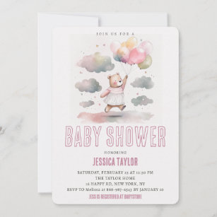 Dreamy Teddy Bear Baloons Girly Baby Shower Invitation