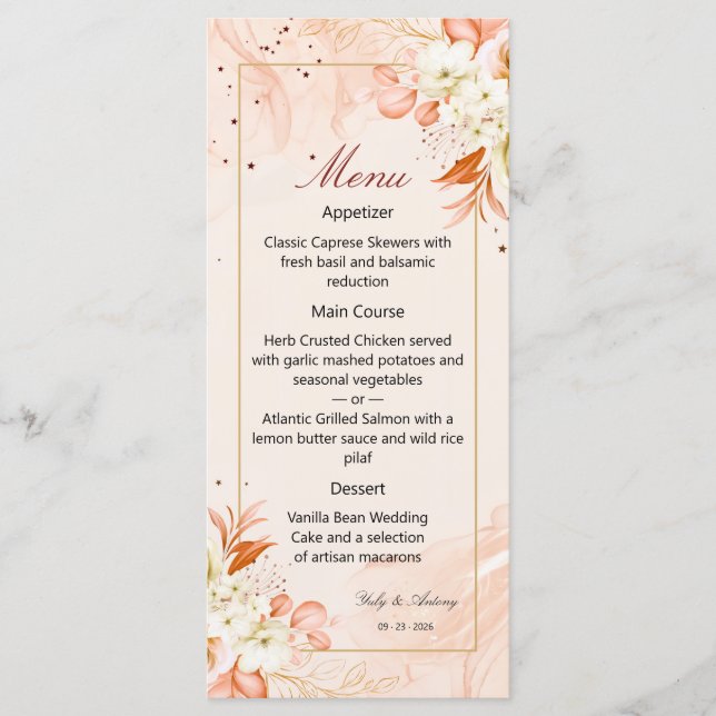 Dreamy Terracotta Galaxy Magic Floral Wedding Menu (Front)