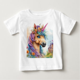 Dreamy Unicorn Watercolor with Castle and Flowers Baby T-Shirt