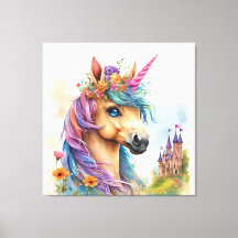 Dreamy Unicorn Watercolor with Castle and Flowers