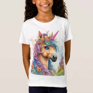 Dreamy Unicorn Watercolor with Castle and Flowers T-Shirt