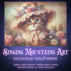 Dreamy Victorian Cat in Floral Hat Decoupage Tissue Paper