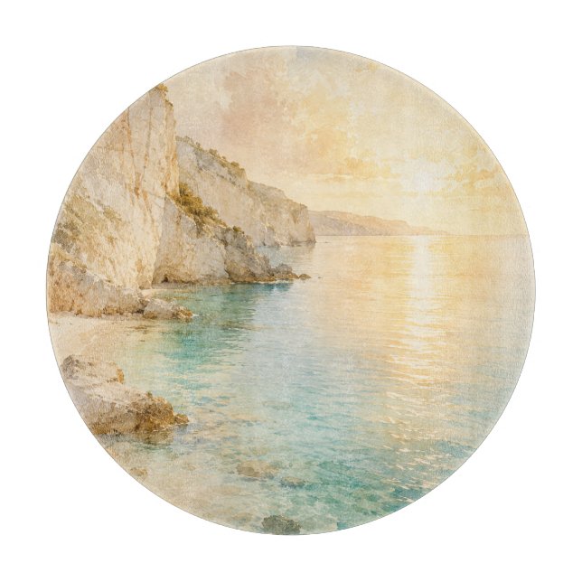 Dreamy Watercolor Coastal Cliffs at Sunrise | Cutting Board (Front)