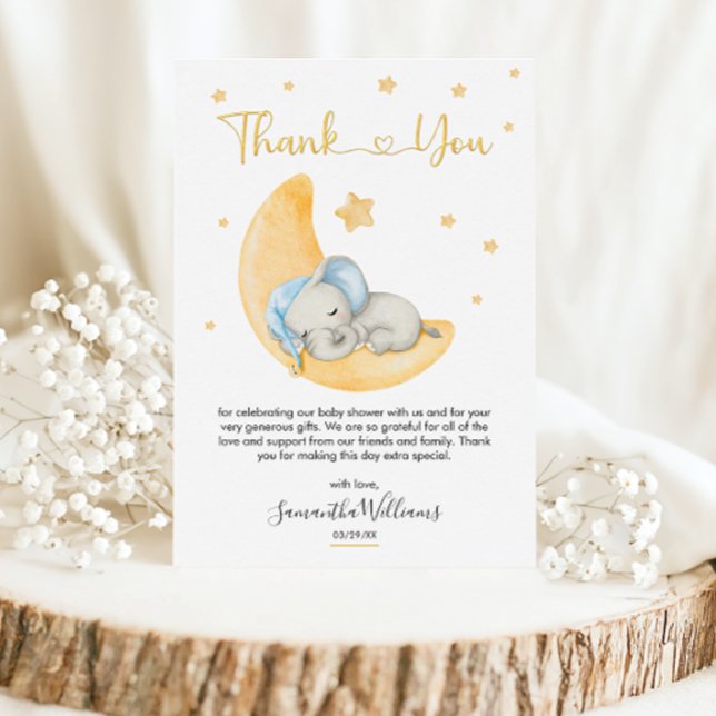 Dreamy Watercolor Elephant Moon Baby Shower Thank You Card (Creator Uploaded)
