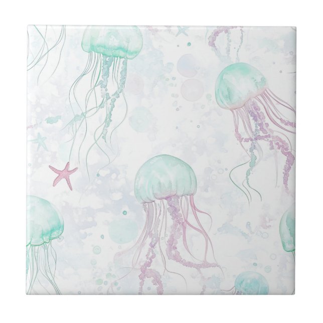 Dreamy Watercolor Jellyfish Ocean Pattern (1) Tile (Front)