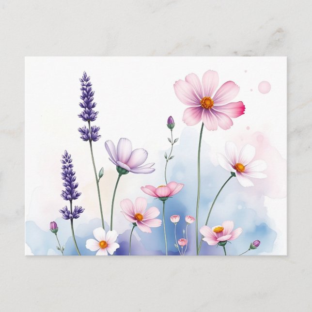 Dreamy Watercolor Lavender and Cosmos  Postcard (Front)