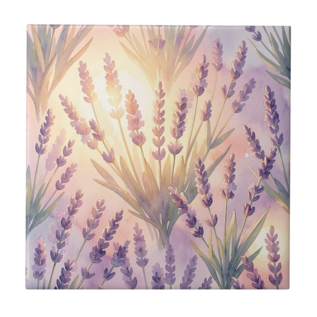 Dreamy Watercolor Lavender Purple Floral Pattern Tile (Front)