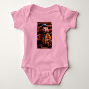 Dreamy Watercolor Realistic Beaver in Work Clothes Baby Bodysuit