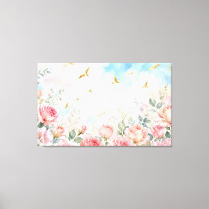 Dreamy Watercolor Roses and Golden Birds Floral Ar Canvas Print