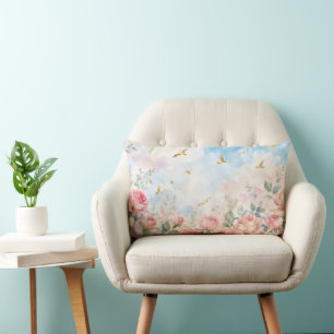 Dreamy Watercolor Roses and Golden Birds Floral Ar Lumbar Cushion