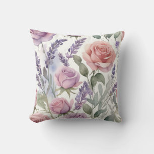 Dreamy Watercolor Roses and Lavender Cushion