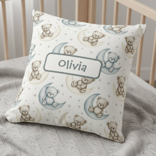 Dreamy Watercolor Teddy Bear on the Moon Cushion