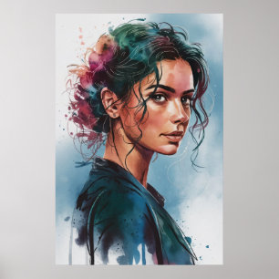 Dreamy Watercolor Woman Portrait with Colorful Hai Poster