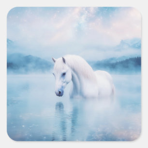 Dreamy White Horse Beneath the Cosmic Sky Square Sticker