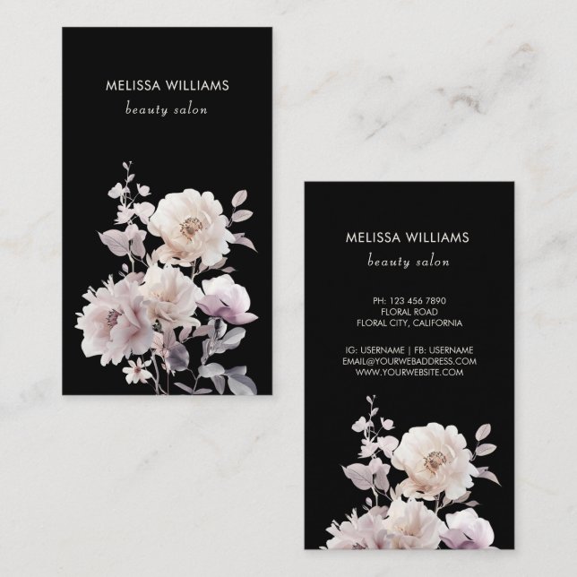 Dreamy White Rose Black Background Business Card (Front/Back)