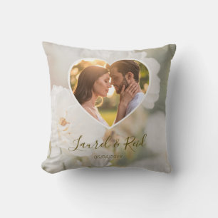 Dreamy White Rose Couple In A Heart Photo Wedding Cushion