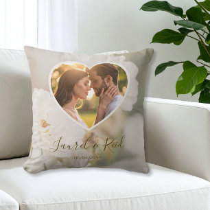 Dreamy White Rose Couple In A Heart Photo Wedding Cushion