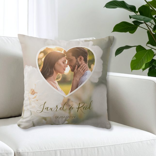 Dreamy White Rose Couple In A Heart Photo Wedding Cushion (Creator Uploaded)