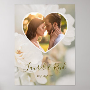 Dreamy White Rose Heart Photo Newlywed Wedding Poster