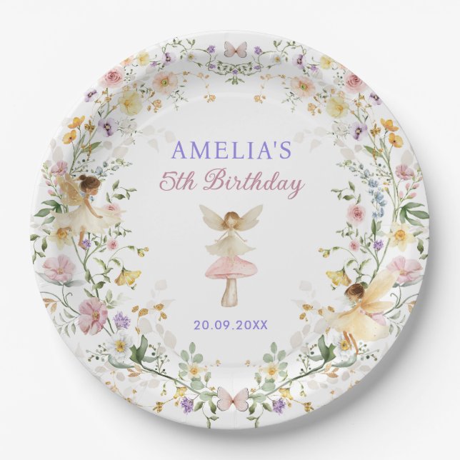 Dreamy Wildflower Fairy Garden Birthday Party Paper Plate (Front)