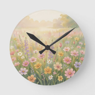 Dreamy Wildflower Meadow Watercolor Pastel Floral Round Clock