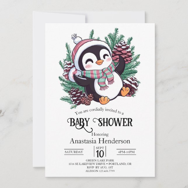 Dreamy Winter Penguin Baby Shower Invitation (Front)