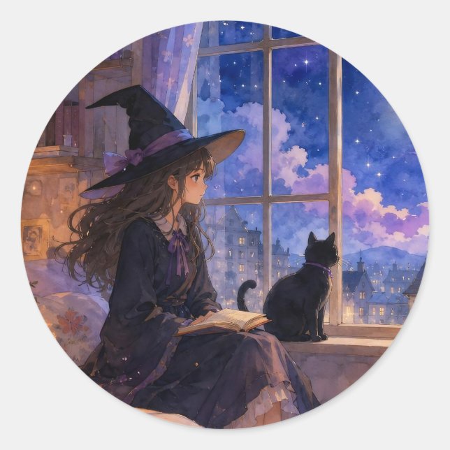 Dreamy Witch by the Moonlit Window Sticker (Front)