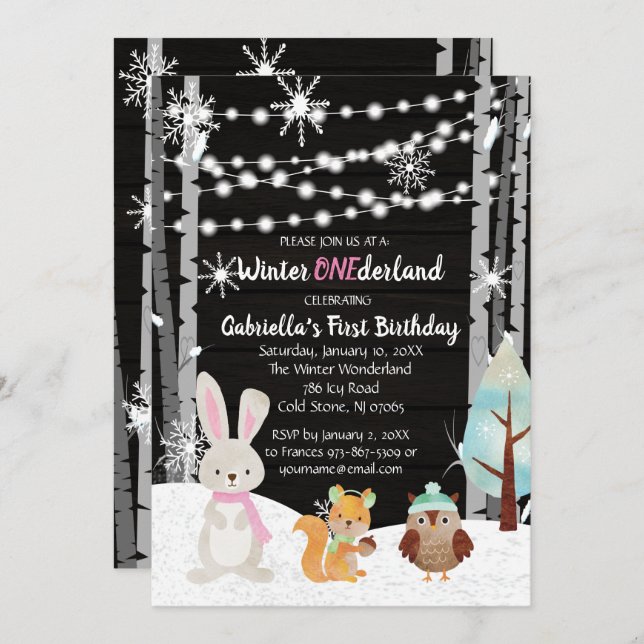 Dreamy Woodland Forest Animals ONEderland Birthday Invitation (Front/Back)