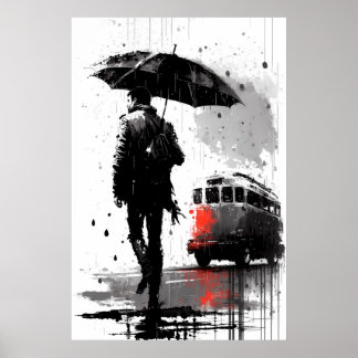 Dreary Bus Stop Painting Poster