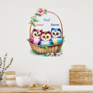 Drei Eulen im Korb - Kindermotiv Poster