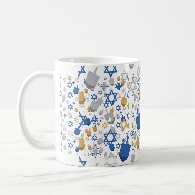Dreidel Blue Silver Hanukkah Pattern Coffee Mug (Left)