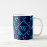 DREIDEL Happy Hanukkah Hebrew BLUE CYAN Monogram Coffee Mug<br><div class="desc">Stylish midnight navy blue COFFEE MUG to celebrate HANUKKAH. Navy and cyan blue colour theme with all over cyan DREIDEL print. There is a customisable monogram on the front, and customisable placeholder text on the back which says חנוכה שמח (HAPPY HANUKKAH in Hebrew). This would make an ideal gift for...</div>