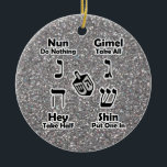 Dreidel Instructions Happy Hanukkah Silver Glitter Ceramic Tree Decoration<br><div class="desc">Decorative and convenient way to keep instructions for playing the Jewish children's game of dreidel at hand... your kids can take a look when they need a reminder of how to play and what the Hebrew letters are called. Great Hanukkah gift! BE SURE TO CHANGE THE MESSAGE ON BACK OF...</div>
