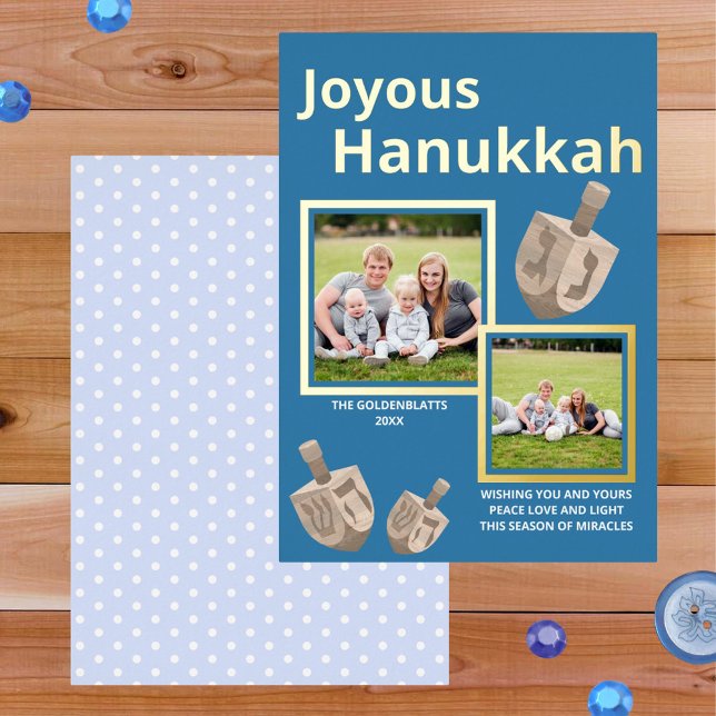 Dreidel Rustic Oak Blue 2 Photo Joyous Hanukkah (Add a little elegance to your Hanukkah cards with real gold foil printing for luxury accents)