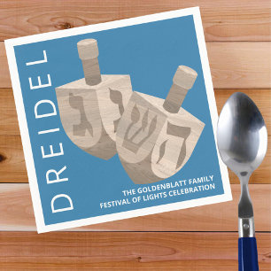 Dreidel Rustic Oak Blue Personalised Hanukkah Napkin