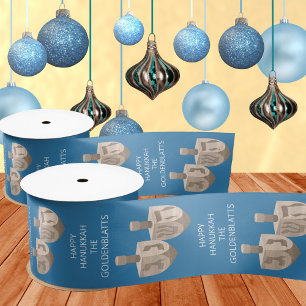 Dreidel Rustic Oak Cute Blue Custom Hanukkah Satin Ribbon