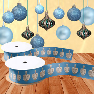 Dreidel Rustic Oak Cute Blue Pattern Hanukkah Satin Ribbon