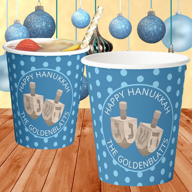 Dreidel Rustic Oak Cute Polka Dot Party Hanukkah Paper Cups (Personalized Hanukkah paper cups in polka dots and dreidels are just too cute. Perfect for parties)