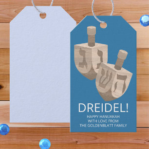 Dreidel Rustic Oak Hanukkah Fun Blue And White Gift Tags