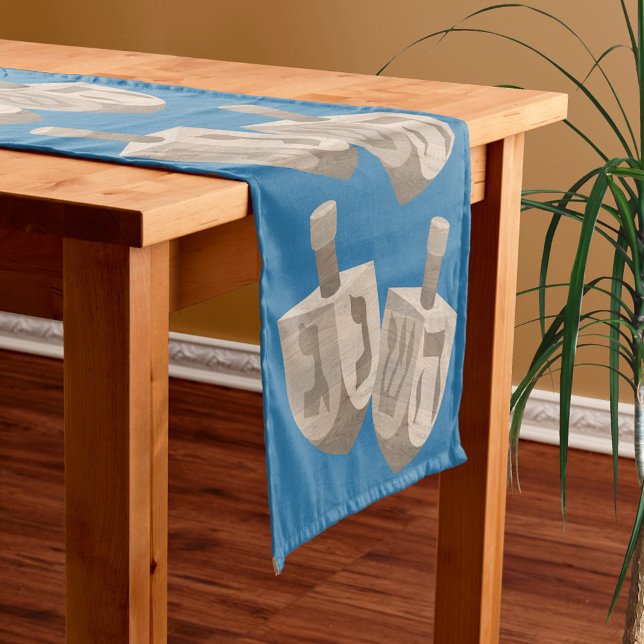 Dreidel Rustic Oak Jewish Holiday Blue Hanukkah Short Table Runner (This blue & faux wood dreidels table runner will dress up any table for Hanukkah parties & dinners)