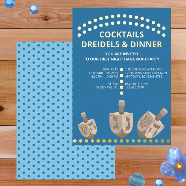Dreidel Rustic Oak Modern Hanukkah Dinner Gold (Add the luxury of real gold foil printing to your Hanukkah party invitations, from dancing to dinner)