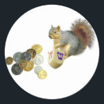 Dreidel squirrel sticker<br><div class="desc">Squirrel playing Dreidel with big pile of gelt.</div>