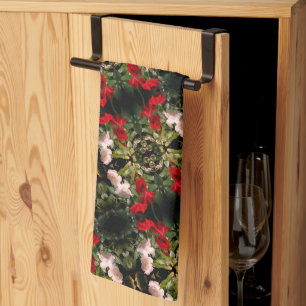 Drenched Red And White Roses Pattern Tea Towel