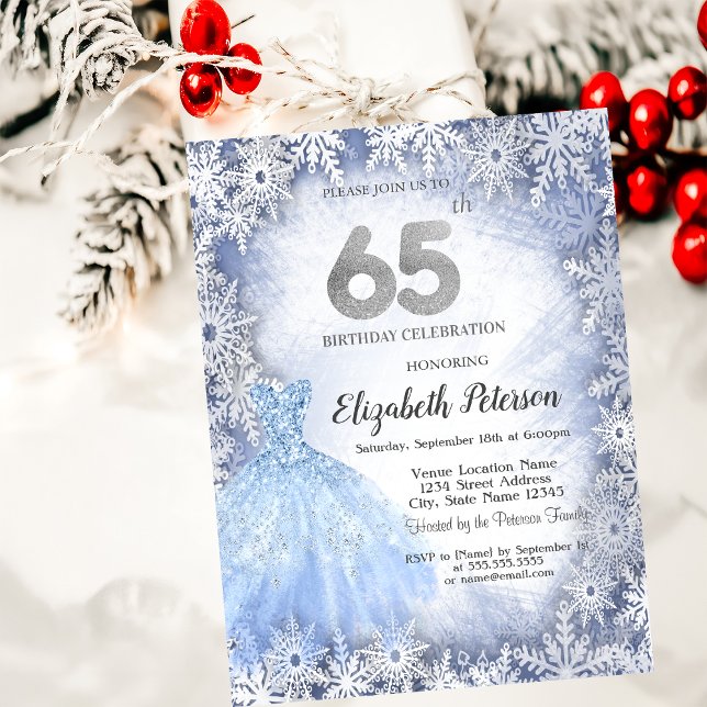 Dress Blue Snowflakes Winter 65th Birthday Invitation (Creator Uploaded)