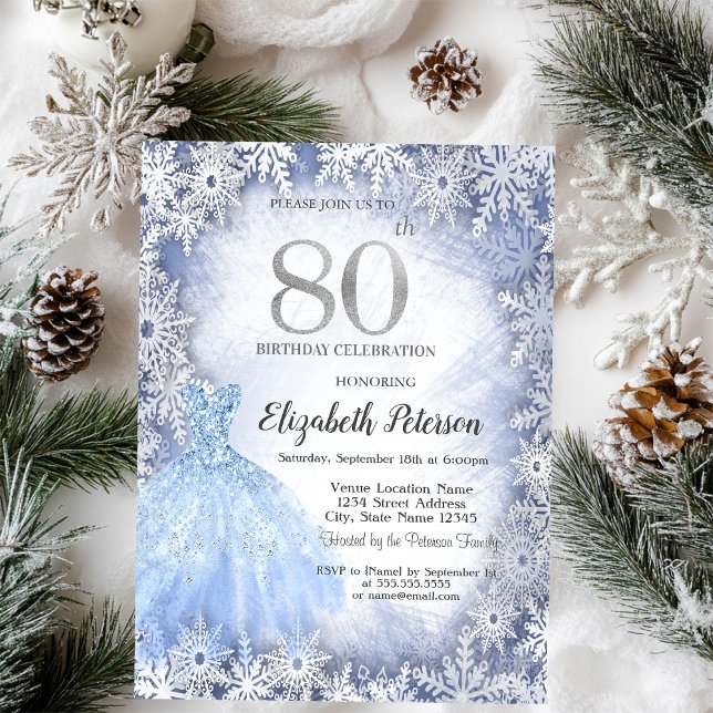 Dress Blue Snowflakes Winter 80th Birthday Invitation (Creator Uploaded)