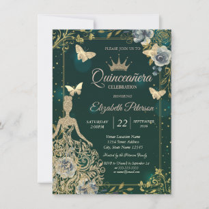 Dress,Butterfllies Flowers Green Quinceañera Invitation