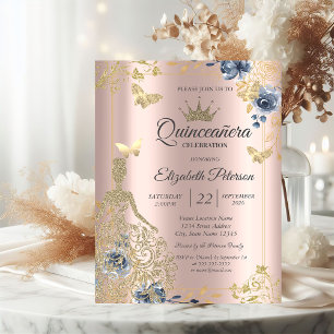 Dress,Butterfllies Flowers Rose Gold Quinceañera Invitation