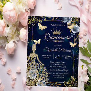 Dress,Butterfllies Navy Blue Flowers Quinceañera Invitation