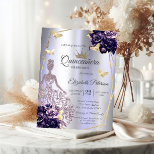 Dress,Butterfly Violet Roses Lavender Quinceañera Invitation