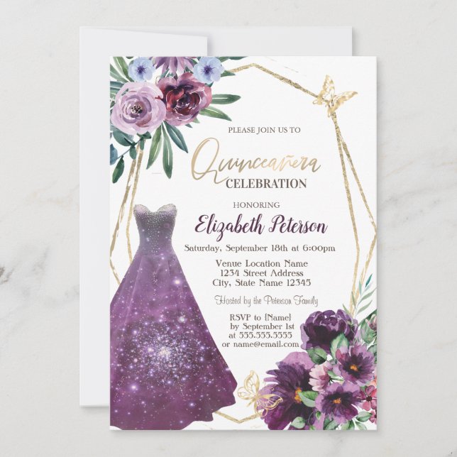 Dress Girl,Violet Flowers Butterfly  Quinceanera Invitation (Front)